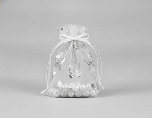 Sheer Organza Drawstring Pouch — Assorted Sheer Pouch w/ Foil Butterfly — 1.75 x 2 in