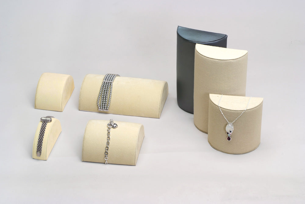 Half Moon Bracelet Display — 8 1/4 x 5 x 2 1/2" H (210 x 127 x 63mm) — Beige Faux Suede