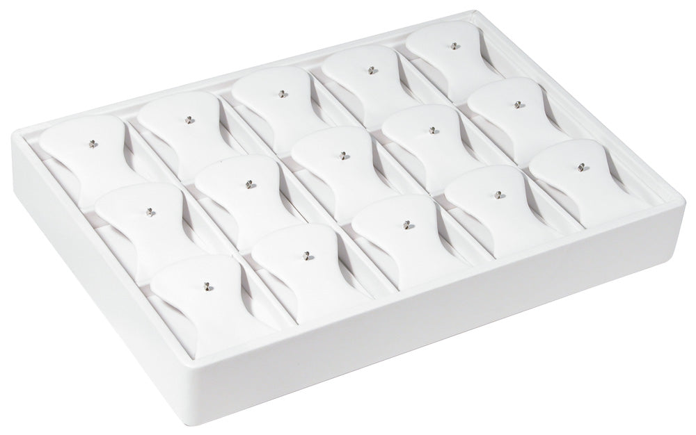 Body Jewelry Display Trays — 15 Pads w/ Hooks — 12 1/2 x 8 3/4 x 1 7/8" H — White Faux Leather