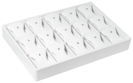 Body Jewelry Display Trays — 15 Pads w/ Hooks — 12 1/2 x 8 3/4 x 1 7/8" H — White Faux Leather
