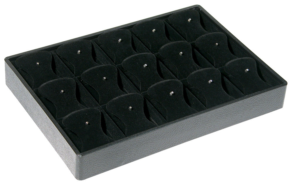 Body Jewelry Display Trays — 15 Pads w/ Hooks — 12 1/2 x 8 3/4 x 1 7/8" H (316 x 222 x 46mm) — Black Leatherette w/ Black Velvet