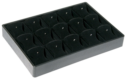 Body Jewelry Display Trays — 15 Pads w/ Hooks — 12 1/2 x 8 3/4 x 1 7/8" H — Black Leatherette w/ Black Velvet