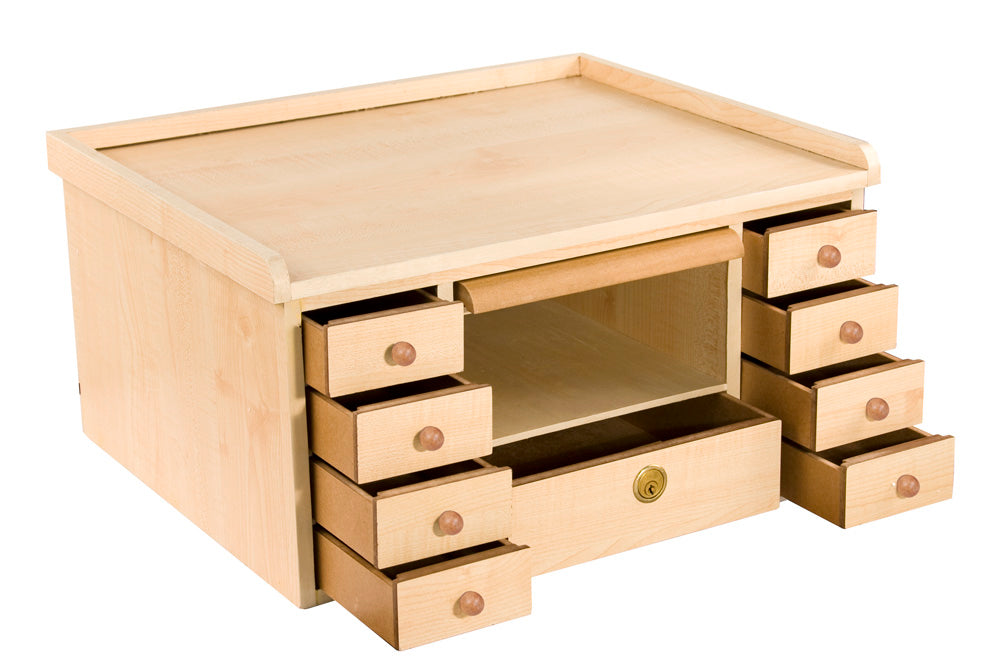 Mini Workbenches — Crafter’s Mini Workbench — 9 storage drawers, center drawer lockable — Natural Wood
