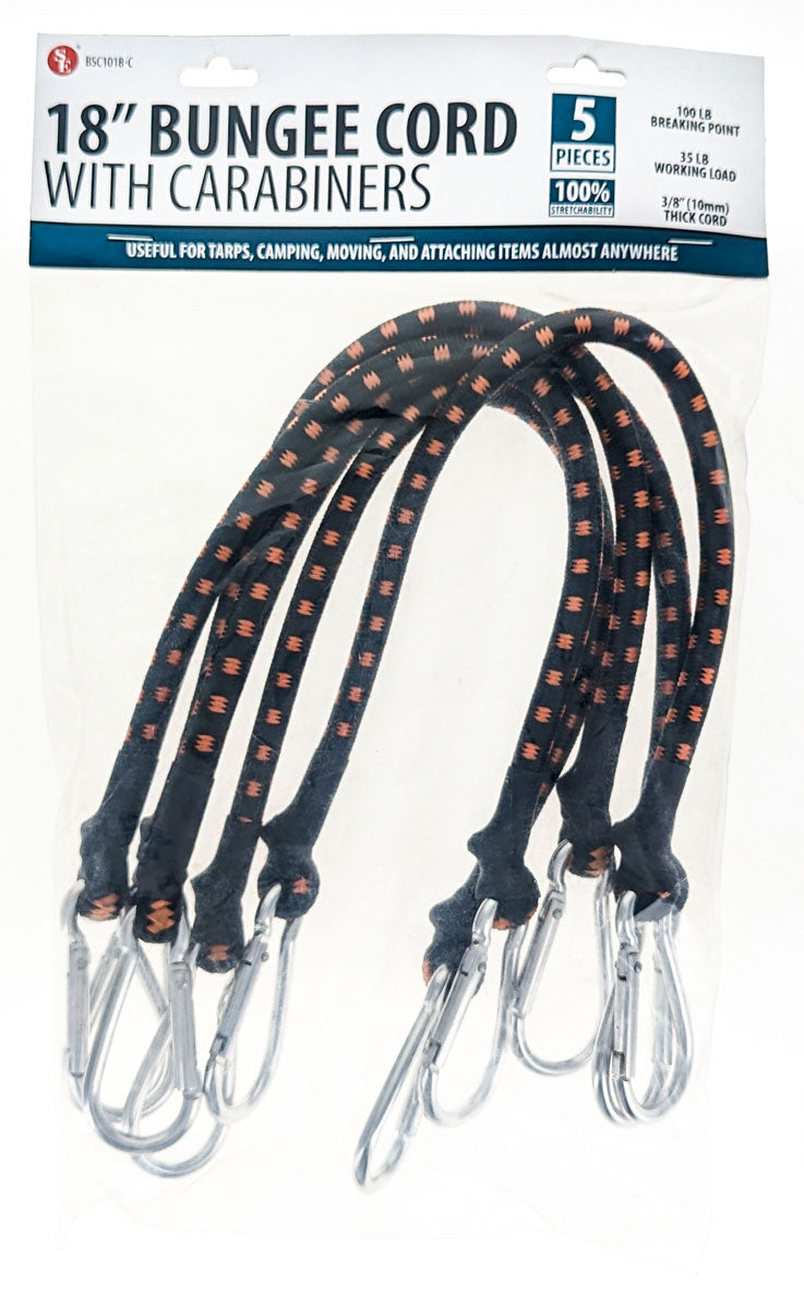 5-piece set of 18"/3/8"/10MM Bungee Cord with Carabineer