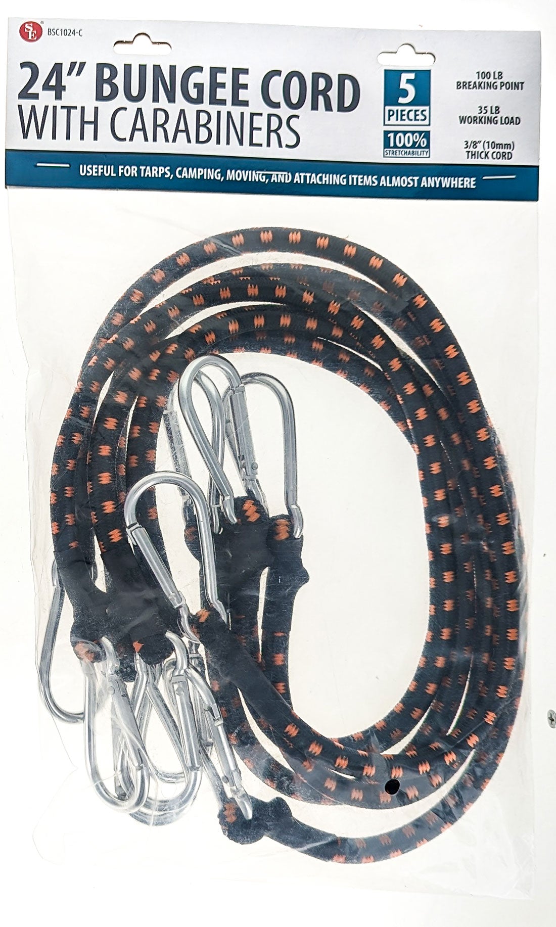 5-piece set of 18"/3/8"/10MM Bungee Cord with Carabineer