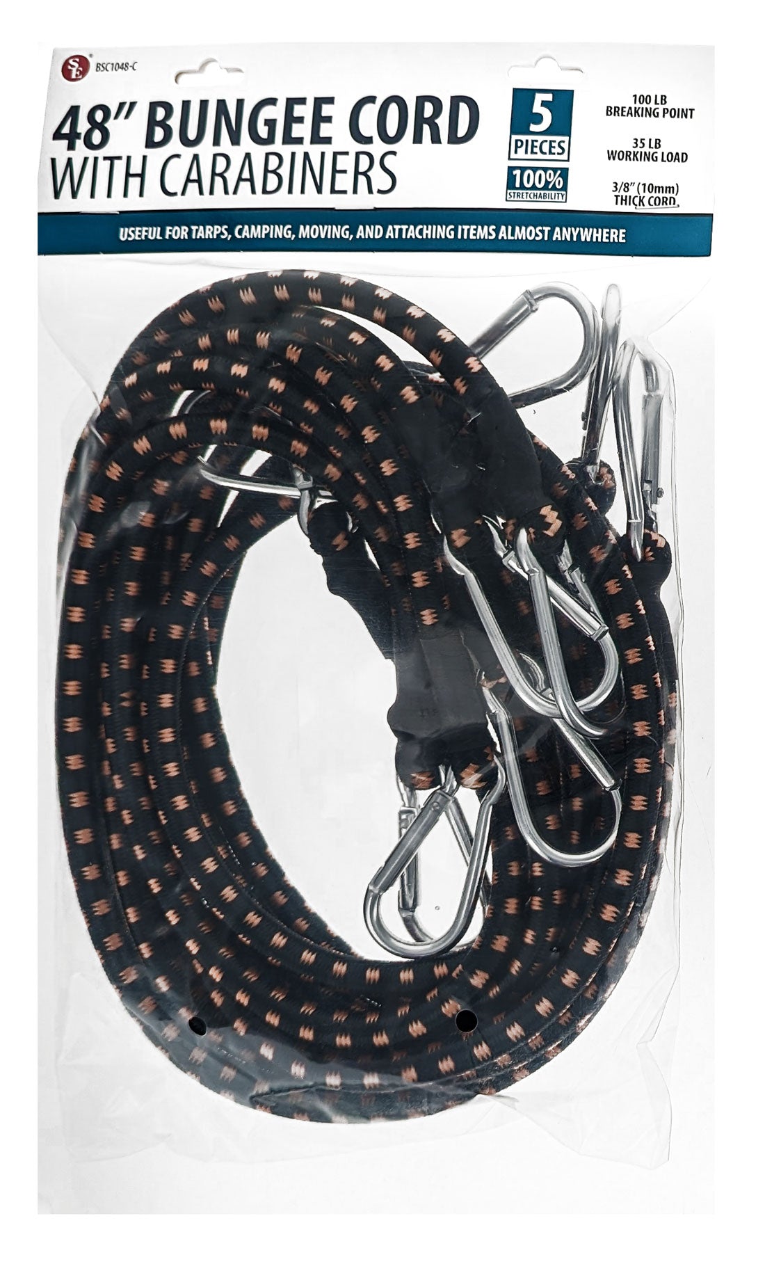 5-piece set of 18"/3/8"/10MM Bungee Cord with Carabineer