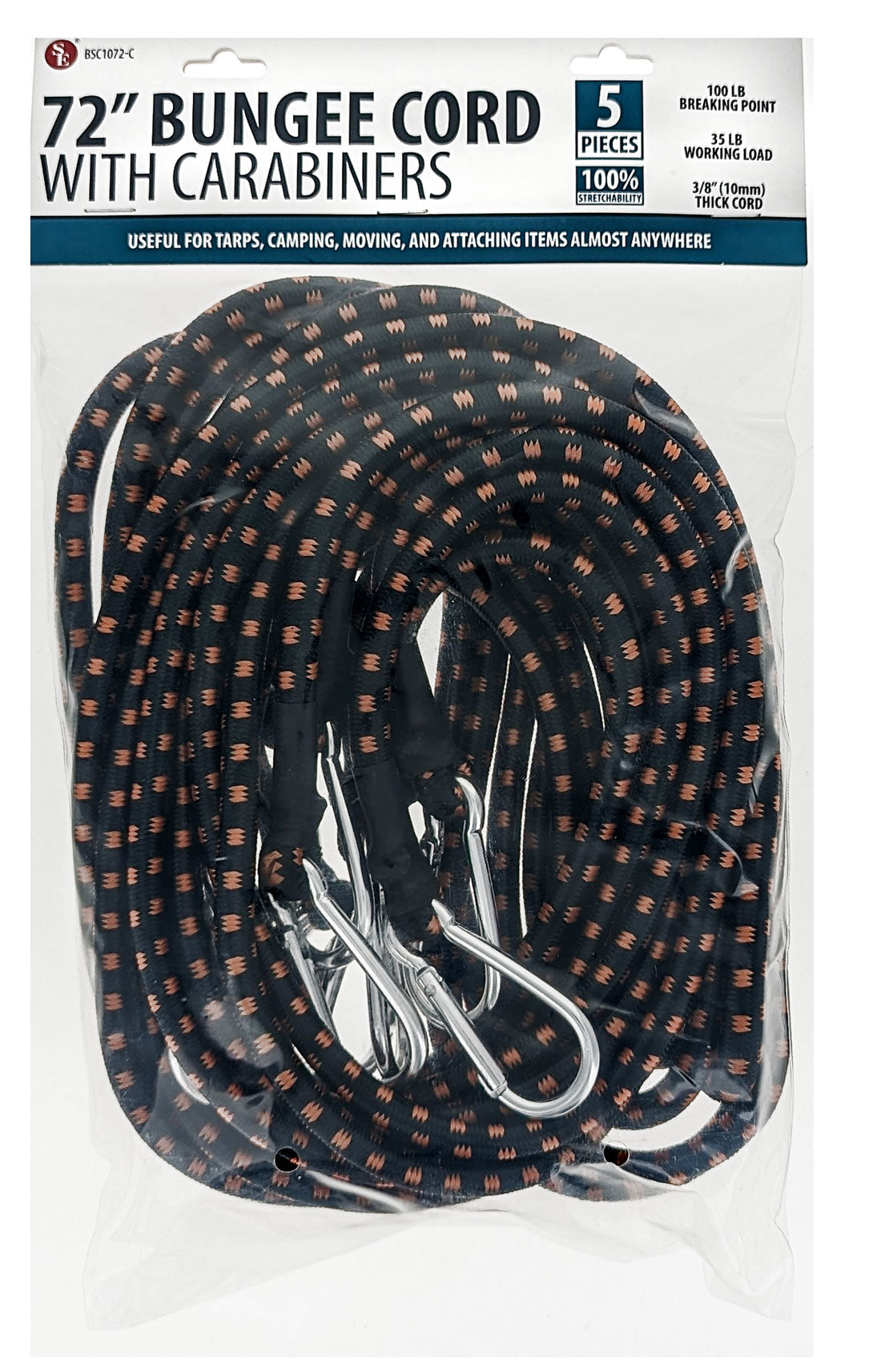 5-piece set of 18"/3/8"/10MM Bungee Cord with Carabineer