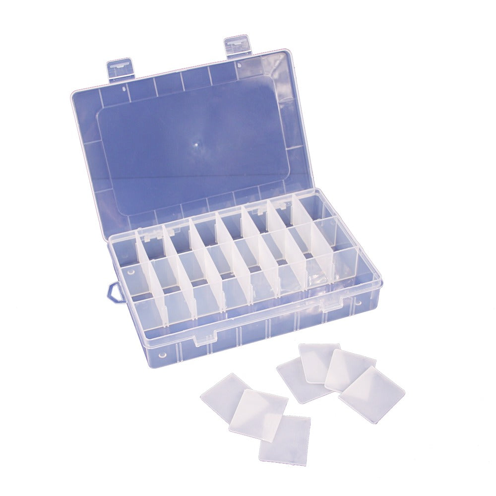 Plastic Storage Organizers with Lids — Up to 24 Compartments, 21 Dividers — 7 7/8 x 5 3/8 x 1 1/2" H (200 x 135 x 38mm) — Frosted Clear