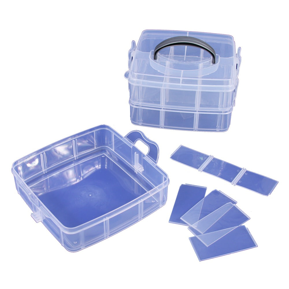 Plastic Storage Organizers with Lids — 18 Compartments, 3-Layer — 6 x 6 x 5" H (152 x 152 x 127mm) — Frosted Clear