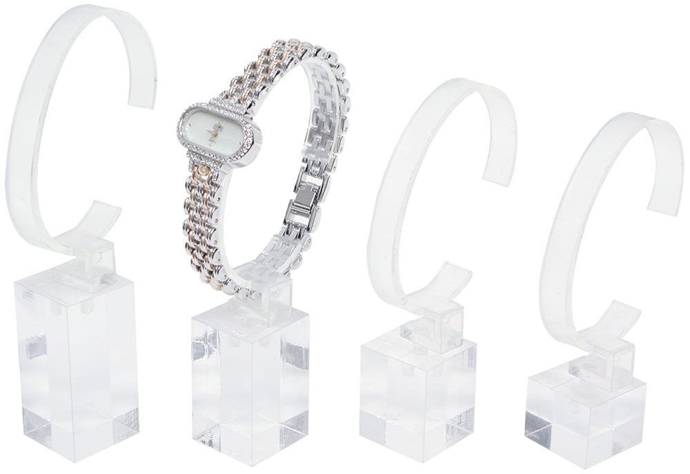 Acrylic Watch Display Stands — Set of 4, Square Base — 3 3/4, 4 1/8, 4 1/2, 5" H (95, 105, 114, 127mm) — Clear Acrylic
