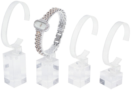 Acrylic Watch Display Stands — Set of 4, Square Base — 3 3/4, 4 1/8, 4 1/2, 5" H — Clear Acrylic