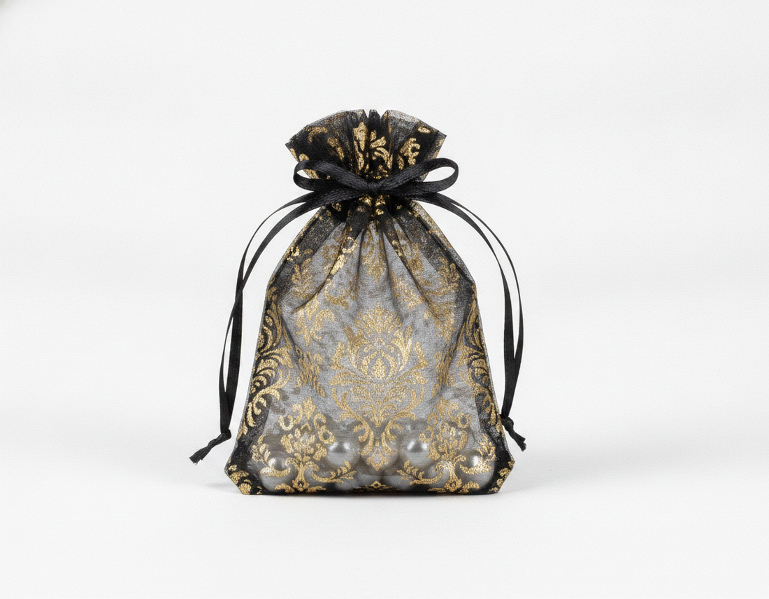 Sheer Organza Drawstring Pouch — Black w/ Gold Damask — 3 x 4 in