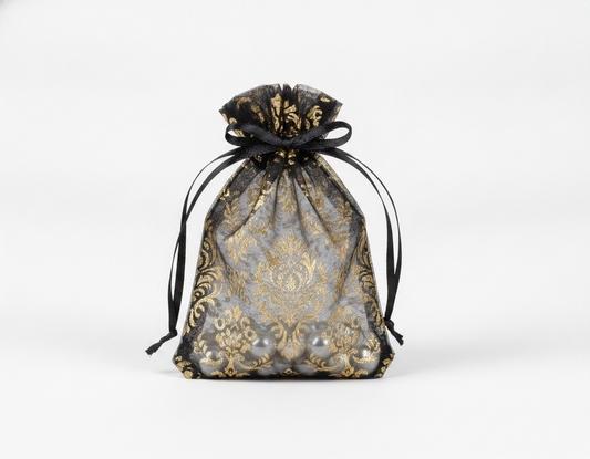 Sheer Organza Drawstring Pouch — Black w/ Gold Damask — 3 x 4 in