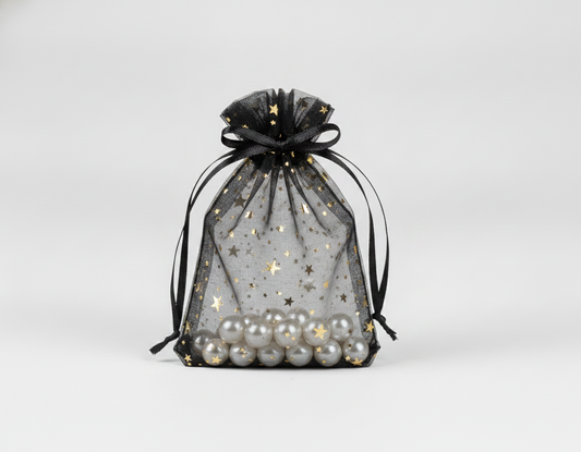 Sheer Organza Drawstring Pouch — Black w/ Gold Stars — 1.75 x 2 in