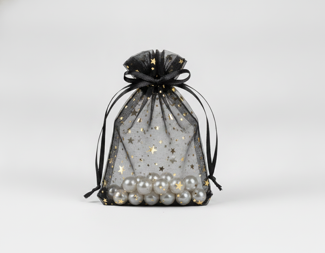 Sheer Organza Drawstring Pouch — Black w/ Gold Stars — 5 x 6 in