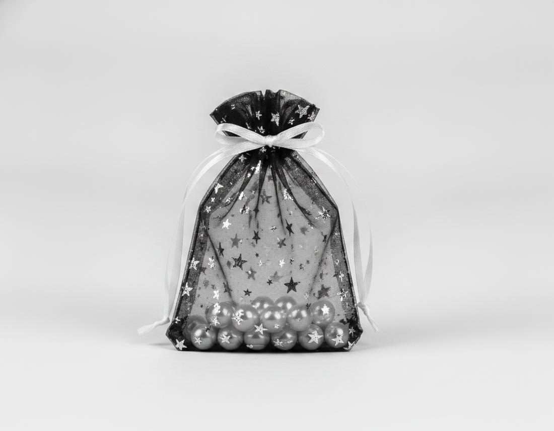 Sheer Organza Drawstring Pouch — Black w/ Silver Stars — 3 x 4 in