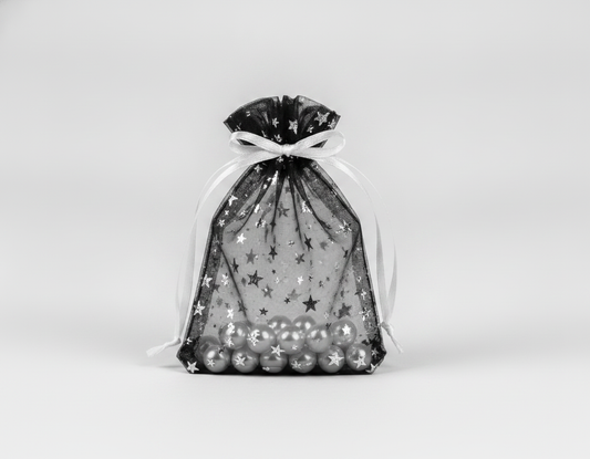 Sheer Organza Drawstring Pouch — Black w/ Silver Stars — 5 x 6 in
