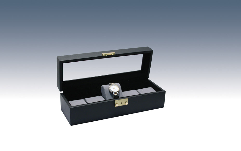 Black Faux Leather Watch Cases w/ Grey Inserts — Glass Top / 5 Watches — 11 5/8 x 4 x 3 1/4" H (29.5 x 10 x 8.5cm) — Black Faux Leather w/ Grey Inserts