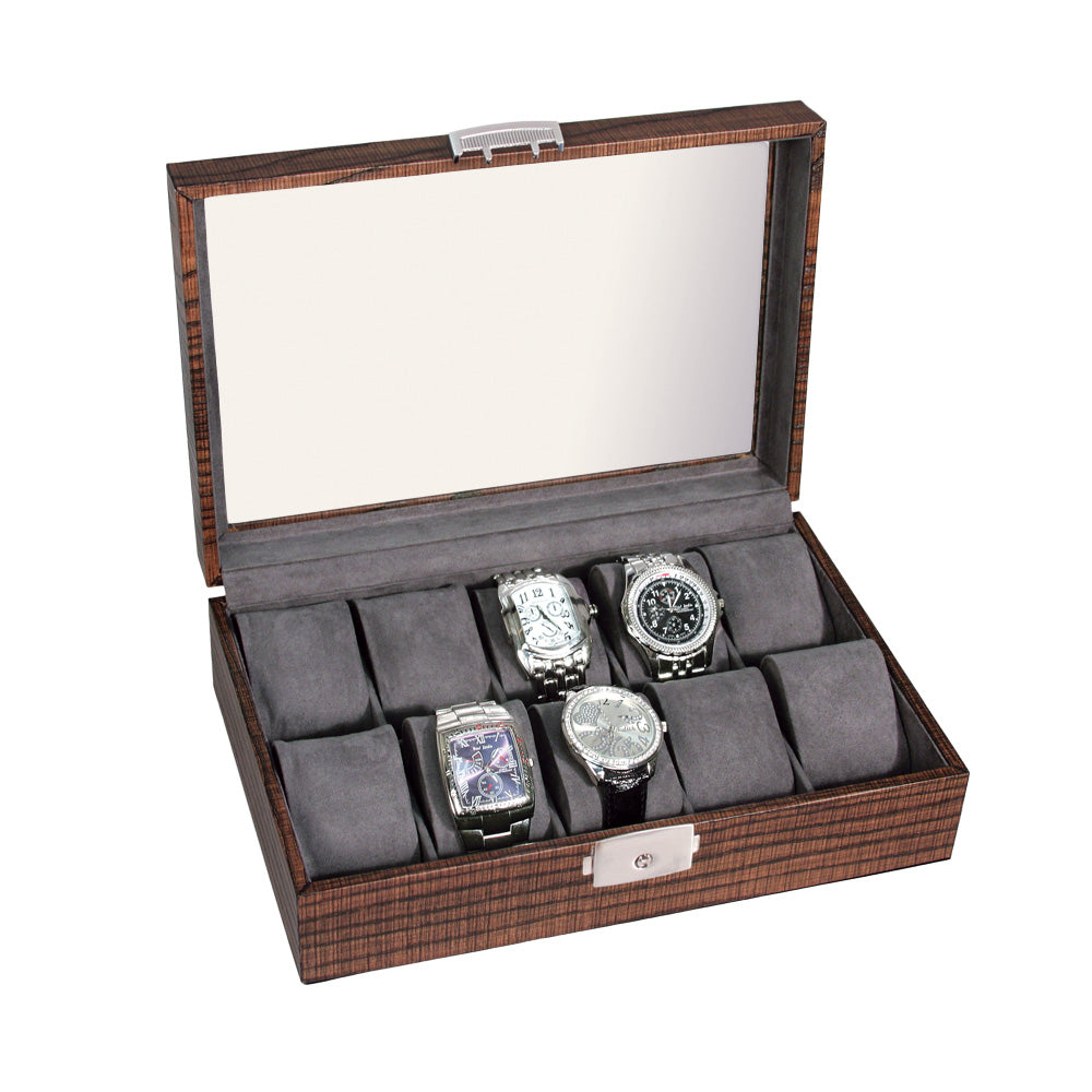 Glass Top Wood Grain Watch Cases — Holds 10 Watches — 11 5/8 x 8 x 3 1/4" H (295 x 200 x 85mm) — Wood Grain w/ Grey Faux Suede