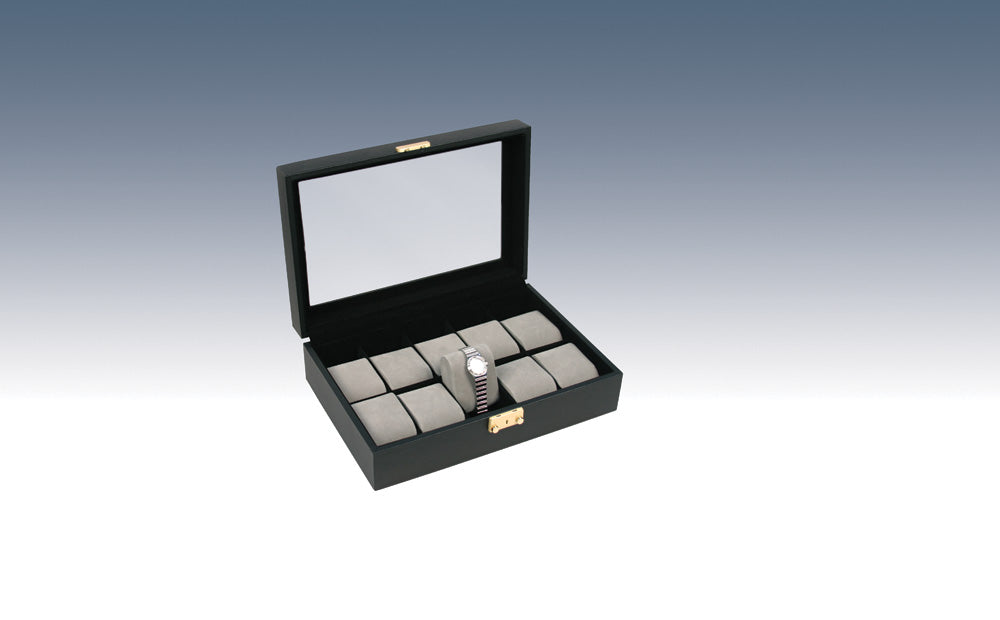 Black Faux Leather Watch Cases w/ Grey Inserts — Glass Top / 10 Watches — 11 5/8 x 8 x 3 1/4" H (29.5 x 20 x 8.5cm) — Black Faux Leather w/ Grey Inserts