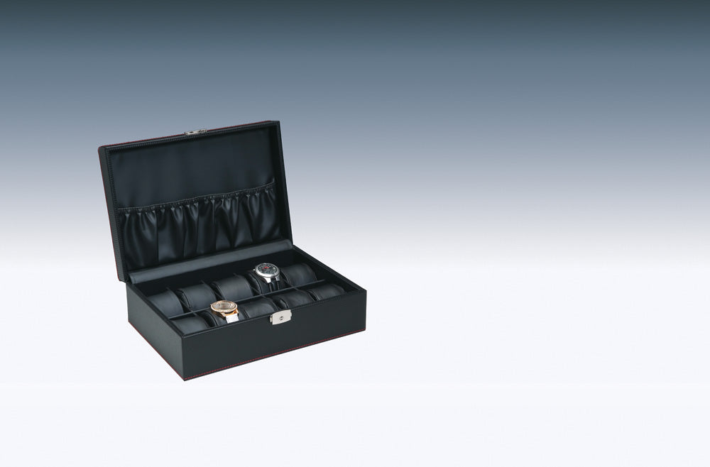 Premium Carbon Fiber Watch Cases — Solid Top — 10 Watches — 11 5/8 x 8 x 3 3/4" H (29.5 x 20 x 9.5cm) — Simulated Carbon Fiber w/ Black Interior