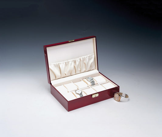 Solid Top Rosewood w/ Beige Faux Leather Watch Cases — 10 Watches — 11 5/8 x 8 x 3 1/4" H — Rosewood w/ Beige Faux Leather