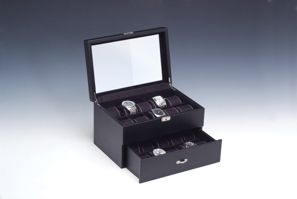 Premium Carbon Fiber Watch Cases — Glass Top — 20 Watches — 11 5/8 x 8 x 7 1/4" H (29.5 x 20 x 18cm) — Simulated Carbon Fiber w/ Black Interior
