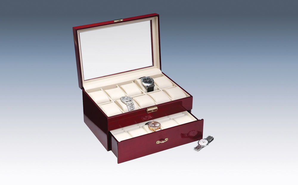 Glass Top Rosewood w/ Beige Faux Leather Watch Cases — 20 Watches — 11 5/8 x 8 x 6 1/2" H (29.5 x 20 x 16.5cm) — Rosewood w/ Beige Faux Leather