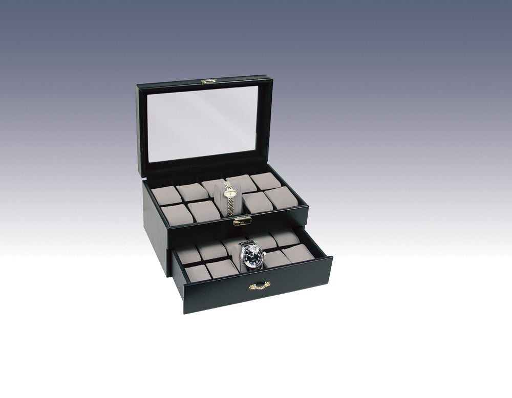 Black Faux Leather Watch Cases w/ Grey Inserts — Glass Top / 20 Watches — 11 5/8 x 8 x 6" H (29.5 x 20 x 15cm) — Black Faux Leather w/ Grey Inserts