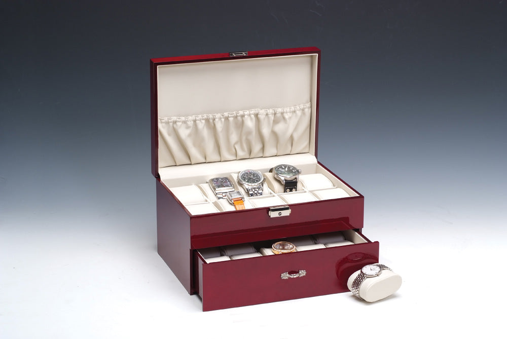Solid Top Rosewood w/ Beige Faux Leather Watch Cases — 20 Watches — 11 5/8 x 8 x 6 1/2" H (29.5 x 20 x 16.5cm) — Rosewood w/ Beige Faux Leather
