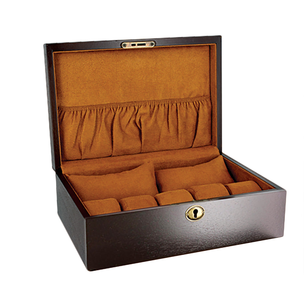 Dark Vintage Wooden Watch Cases — Solid Top — 7 Watches — 11 5/8 x 8 x 3 3/4" H (295 x 200 x 95mm) — Dark Walnut w/ Chestnut Faux Suede