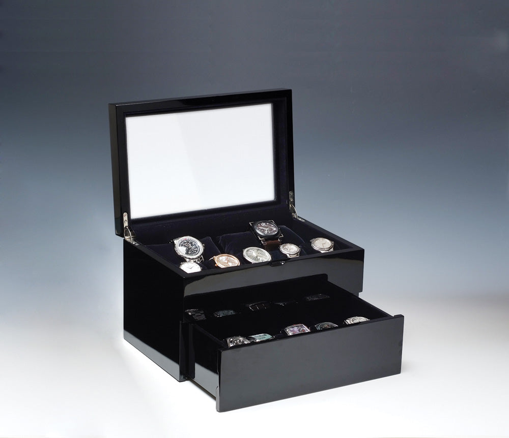 High Gloss Black Finish Wood Watch Cases — 17 Watches — 12 1/4 x 8 1/8 x 7 5/8" H (31 x 20.5 x 19.5cm) — High Gloss Black w/ Black Velvet