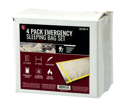 4-piece display of 84" x 36" Emergency Sleeping Bags