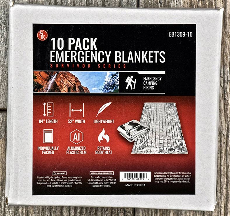 10-piece display of 84"x 52" Emergency Sleeping Blankets