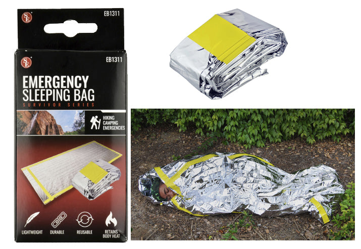 Emergency Sleeping Bag measuring 84" x 36", constructed from 24um thick Aluminized OPP Film.