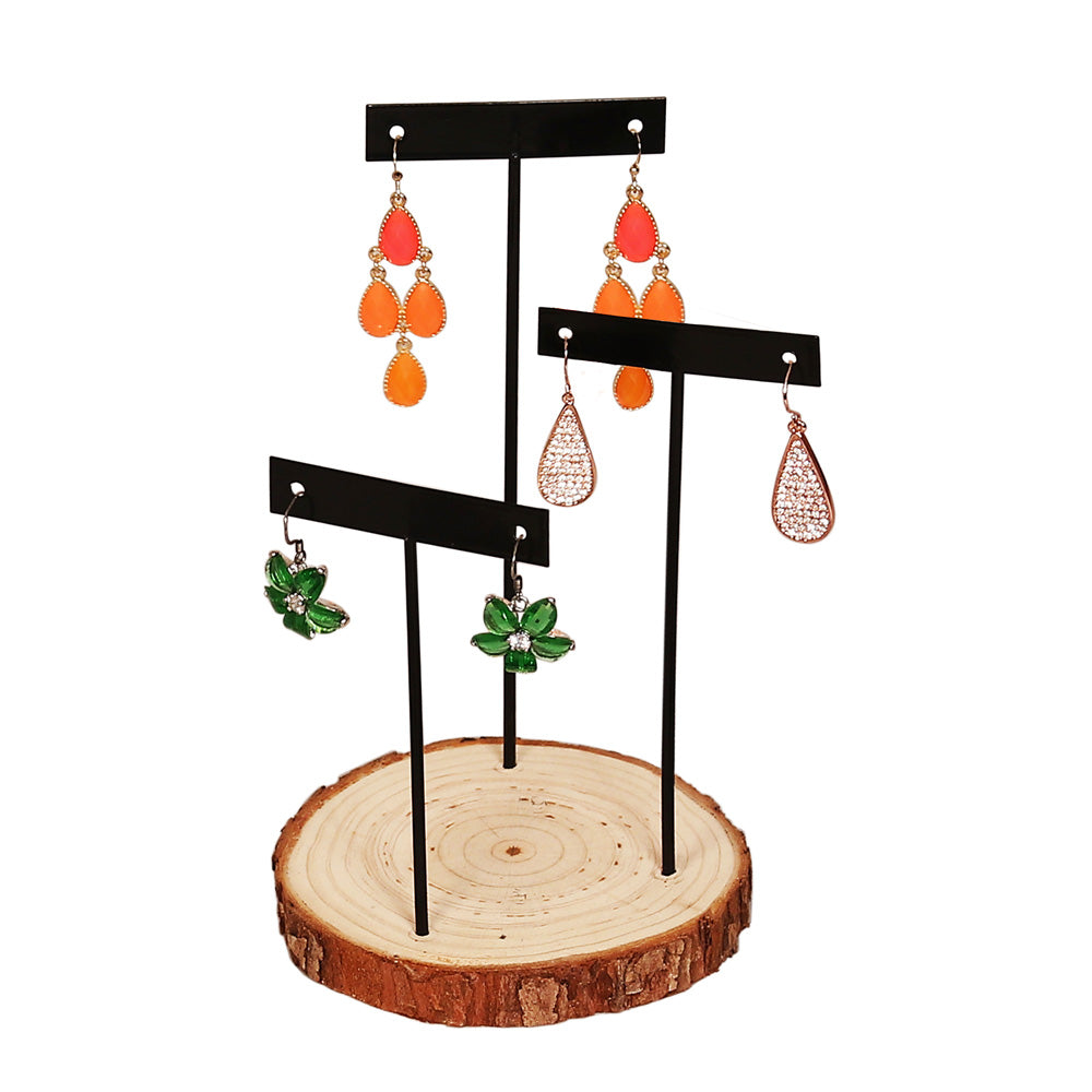 Wooden Base Earring Stand — 3-Pair T-Bar, Round Base — 4" Dia. x 6 5/8" H — Natural Wood