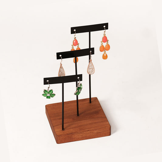 Wooden Base Earring Stand — 3-Pair T-Bar, Square Base — 3 3/4" sq. x 6 7/8" H — Natural Wood