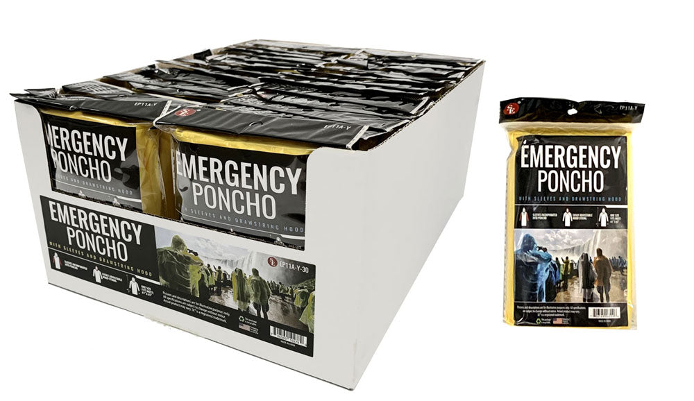 30-Piece Display of Water-Resistant Emergency Poncho with Hood Attached & Full Sleeve - 61" x 69"