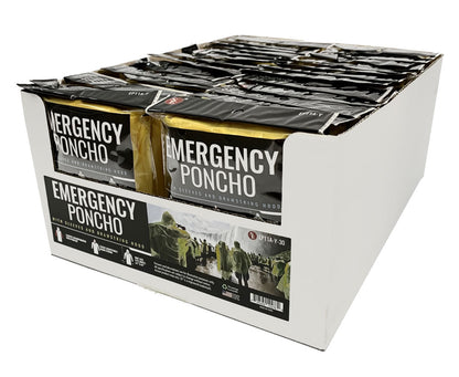 30-Piece Display of Water-Resistant Emergency Poncho with Hood Attached & Full Sleeve - 61" x 69"