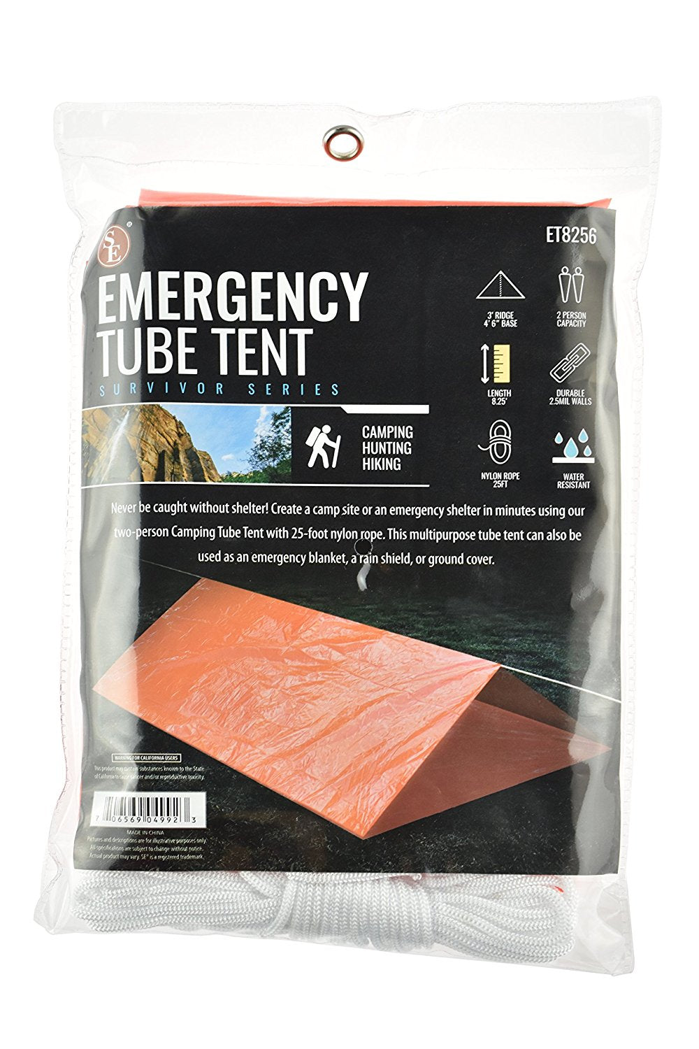 Emergency Orange Tube Tent measuring 8.25" X 6'