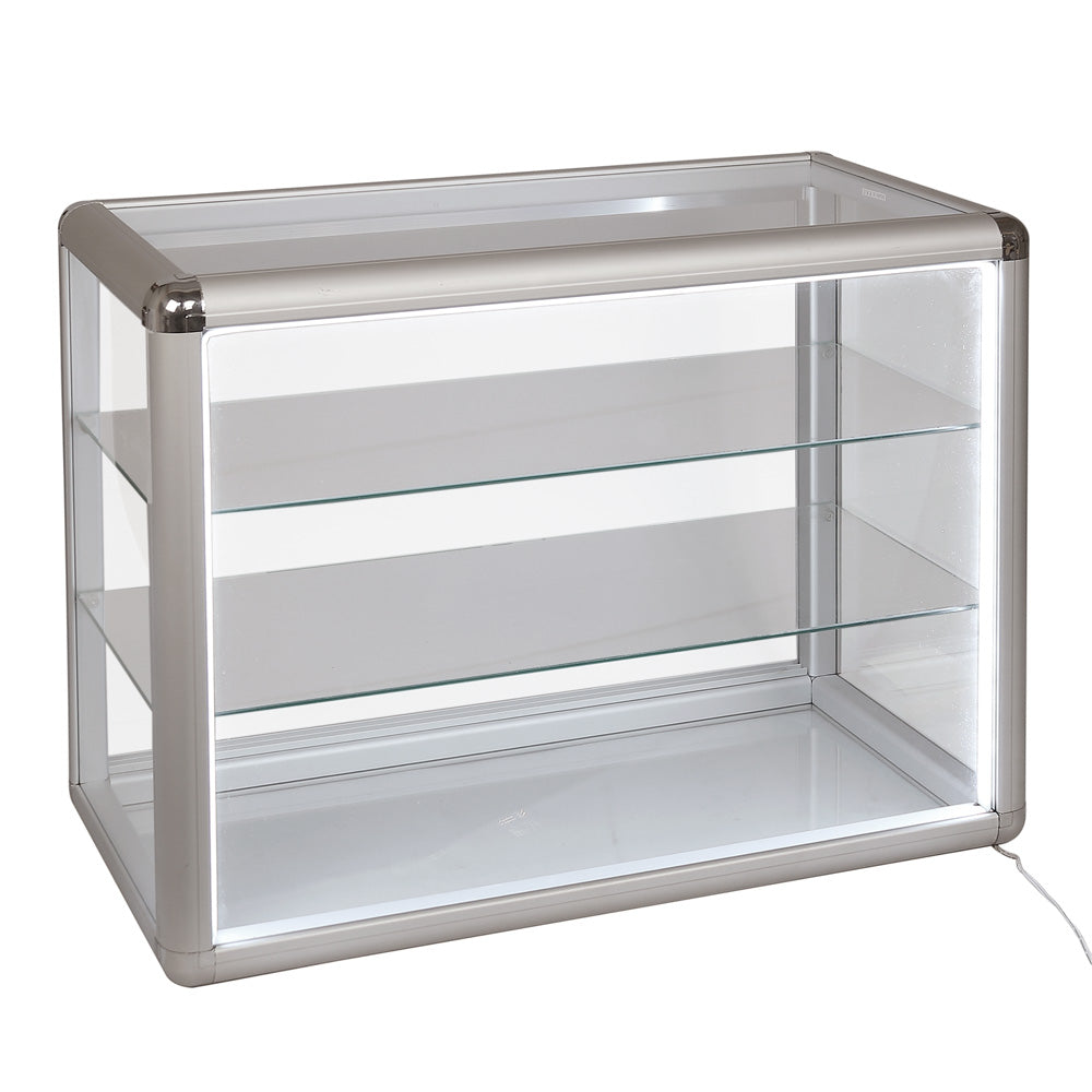 Counter-Top Display Cases with LED Light — 24 x 12 x 18" H (61 x 31 x 46cm) — Glass Bottom — Silver Tone