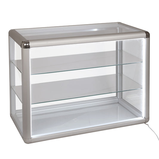 Counter-Top Display Cases with LED Light — 24 x 12 x 18" H — Glass Bottom — Silver Tone