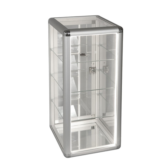Counter-Top Display Cases with LED Light — 14 x 12 x 27" H — Mirror Bottom — Silver Tone