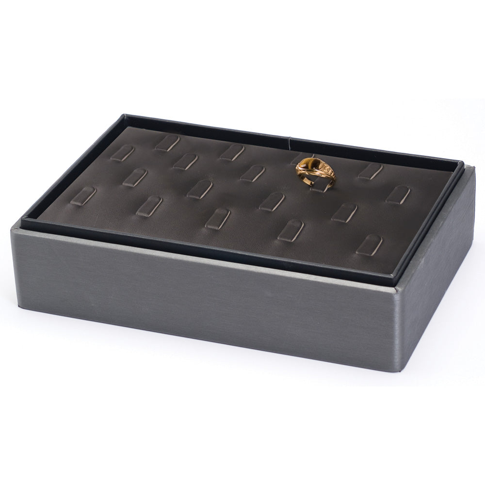 2″ H Stackable Display Trays — Ring (18-Clip) — Black Faux Leather w/ Steel Grey Tray