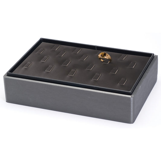 2″ H Stackable Display Trays — Ring (18-Clip) — Black Faux Leather w/ Steel Grey Tray