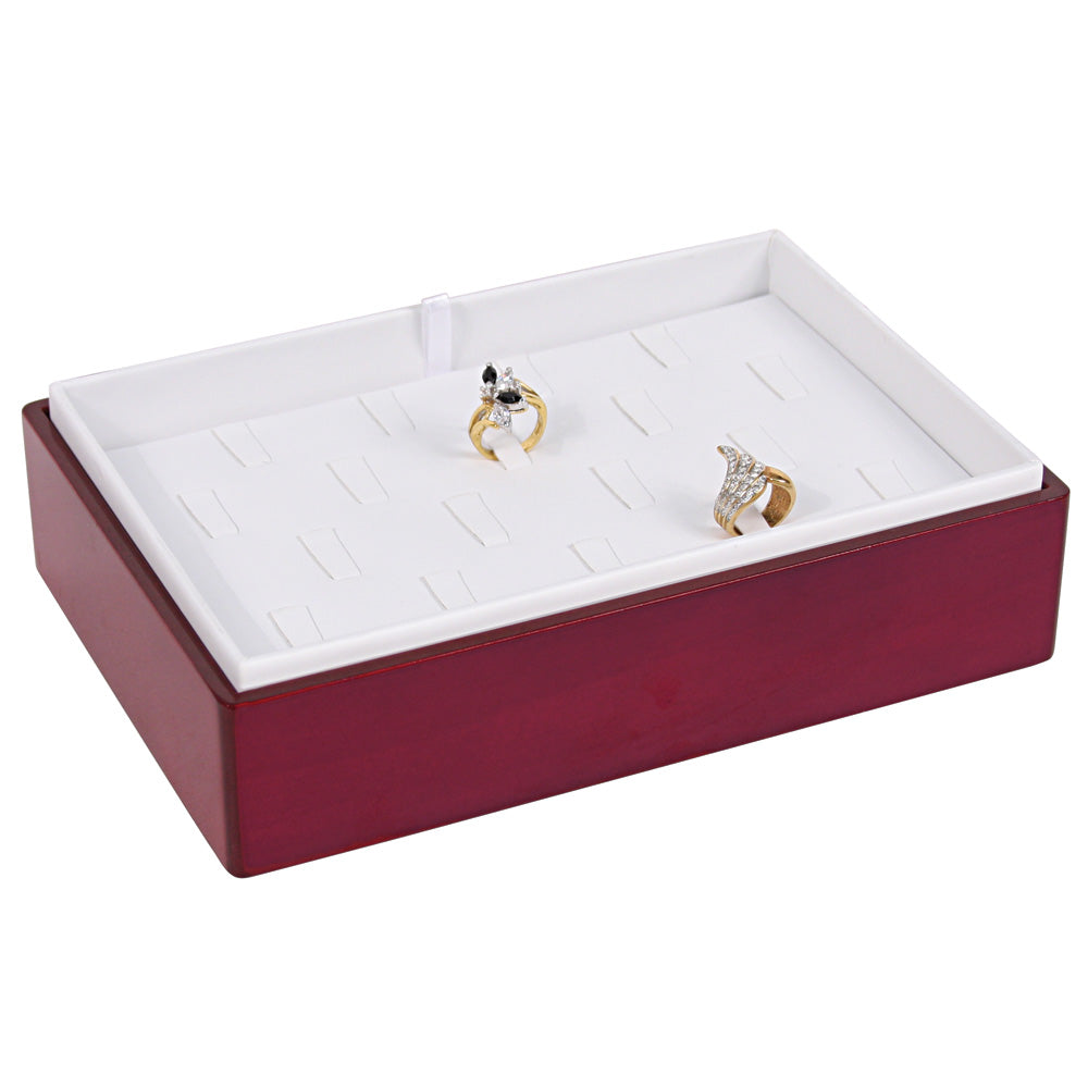 2″ H Stackable Display Trays — Ring/Earring Combo Pad (8) — White Faux Leather w/ Glossy Rosewood Tray
