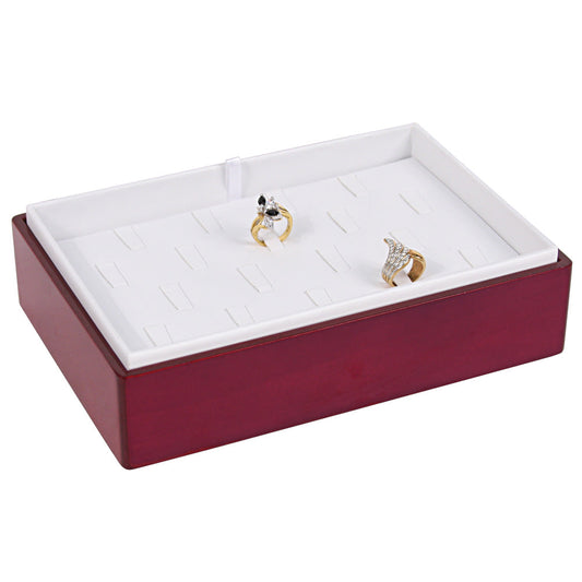 2″ H Stackable Display Trays — Earring (24 Pr.) — White Faux Leather w/ Glossy Rosewood Tray