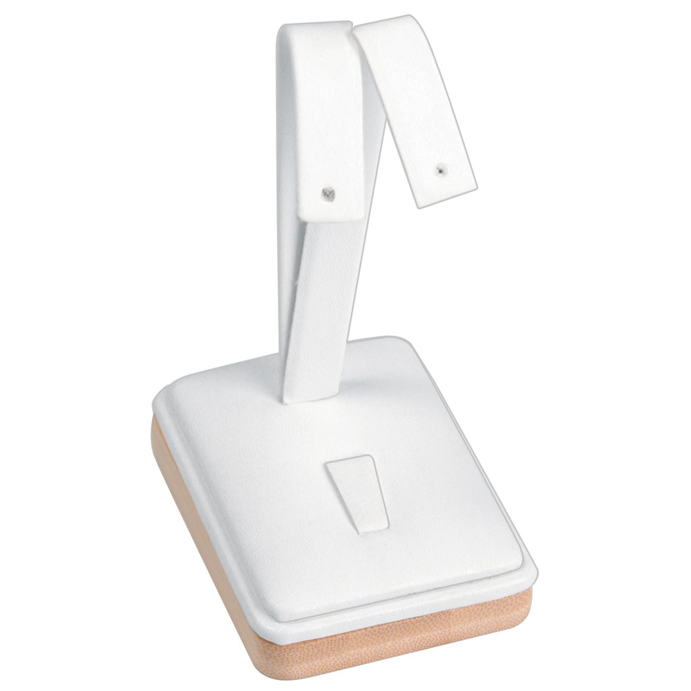 Ring/Earring Stand — Natural Wood Trim — White Faux Leather w/ Natural Wood Trim