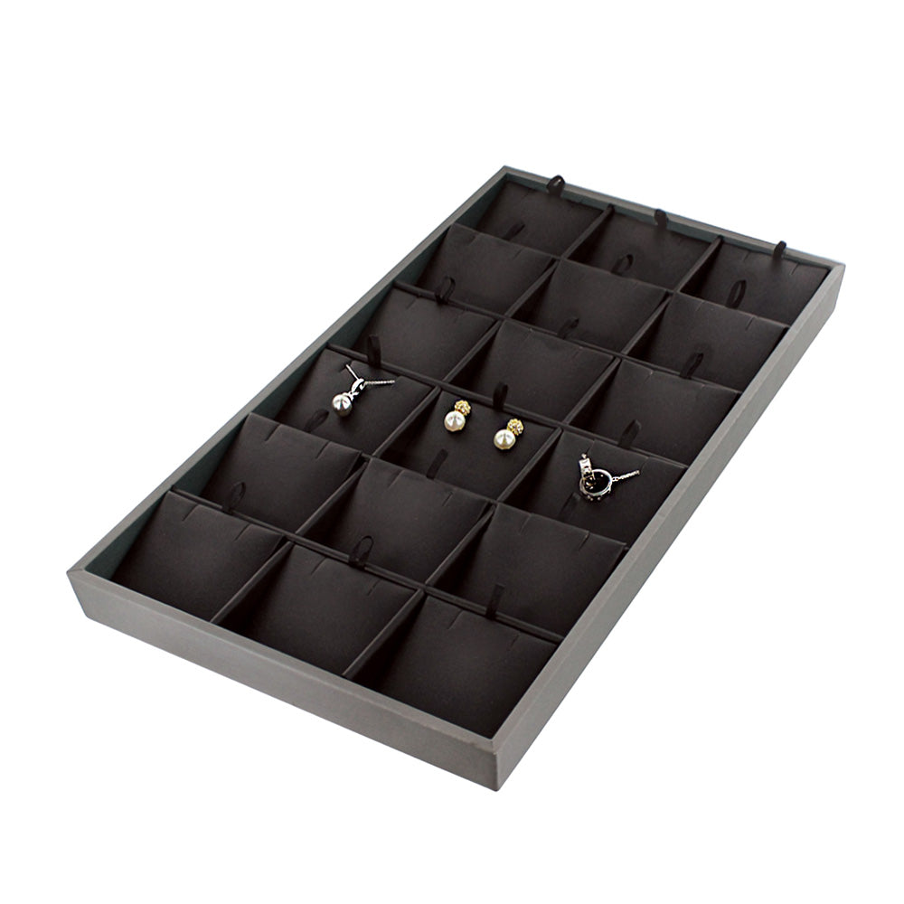 Standard Display Tray — Earring Tray (18) — 8 1/4″ x 14 5/8″ x 1″ H — Black Faux Leather w/ Steel Grey Trim
