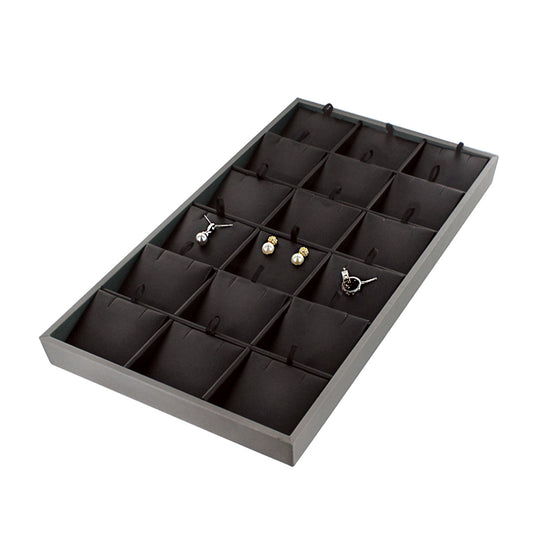 Standard Display Tray — Earring Tray (18) — 8 1/4″ x 14 5/8″ x 1″ H — Black Faux Leather w/ Steel Grey Trim